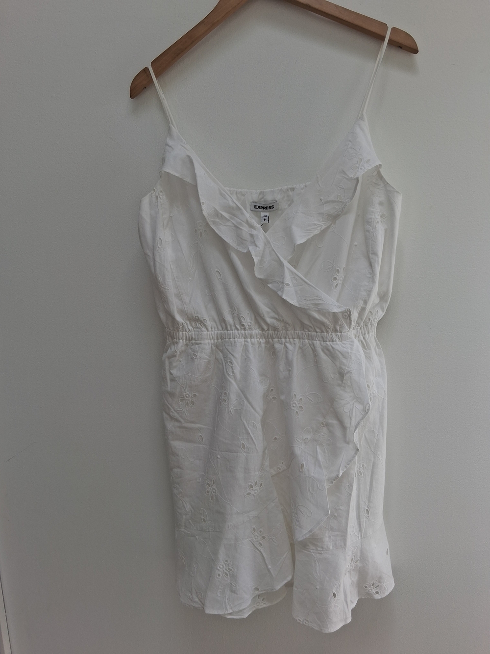 Express White CottonEyelet Ruffle Faux Wrap Mini Dress Size Large Cottagecore